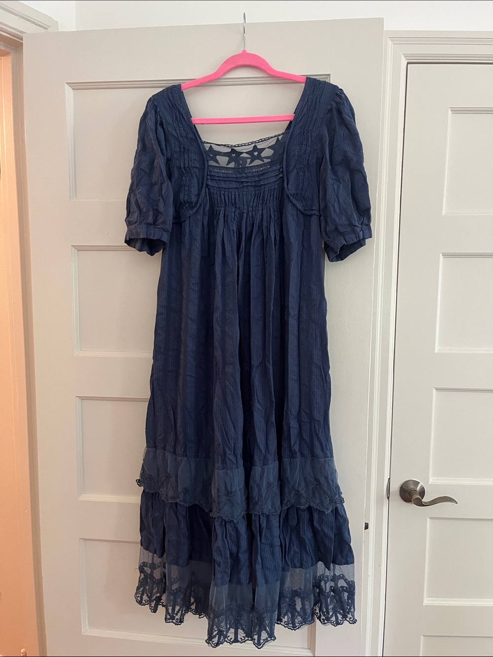 Free People Navy Blue Tiered Maxi Dress with Lace Trim open back